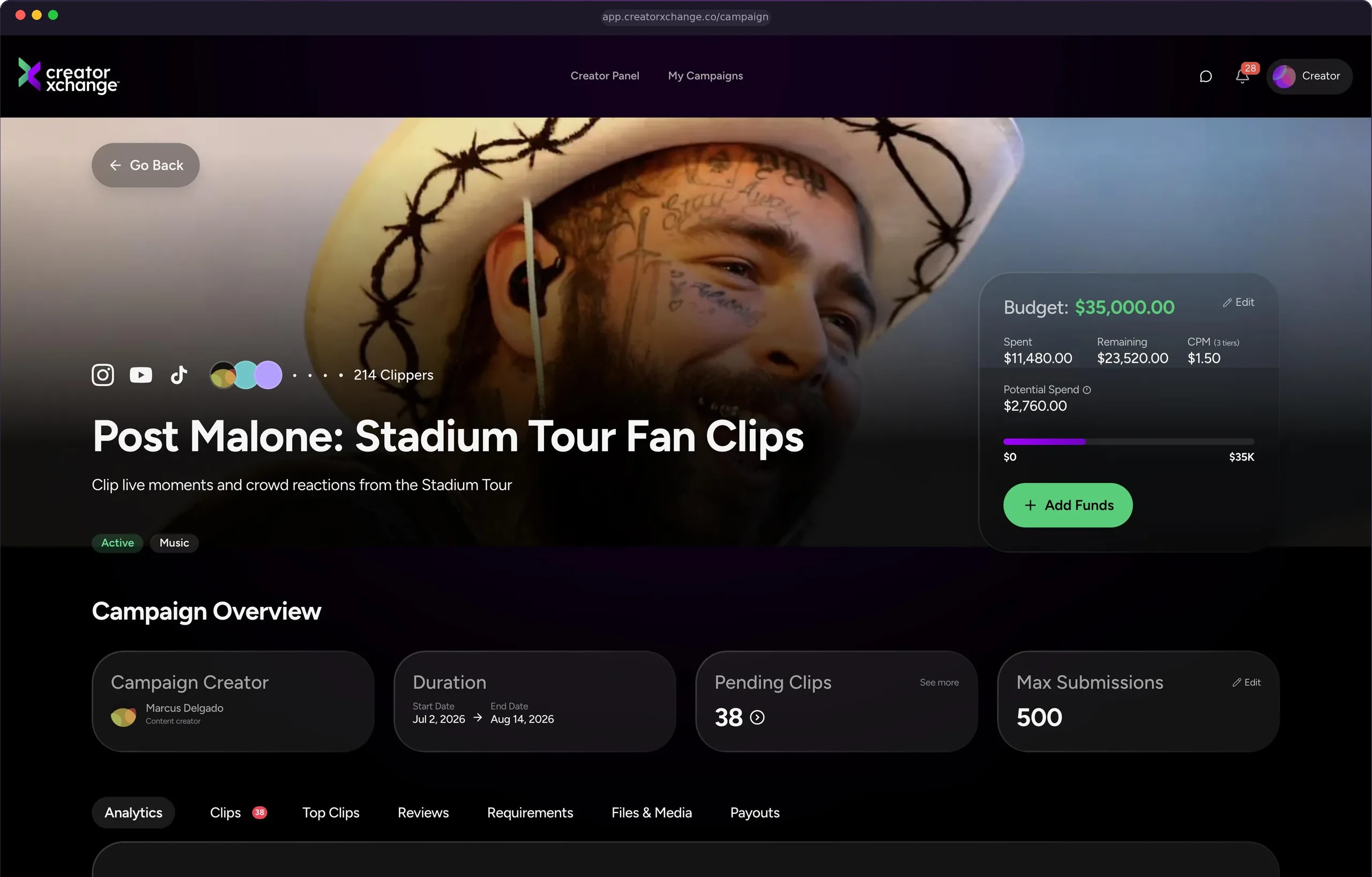 The Post Malone: Stadium Tour Fan Clips campaign, live on creatorXchange