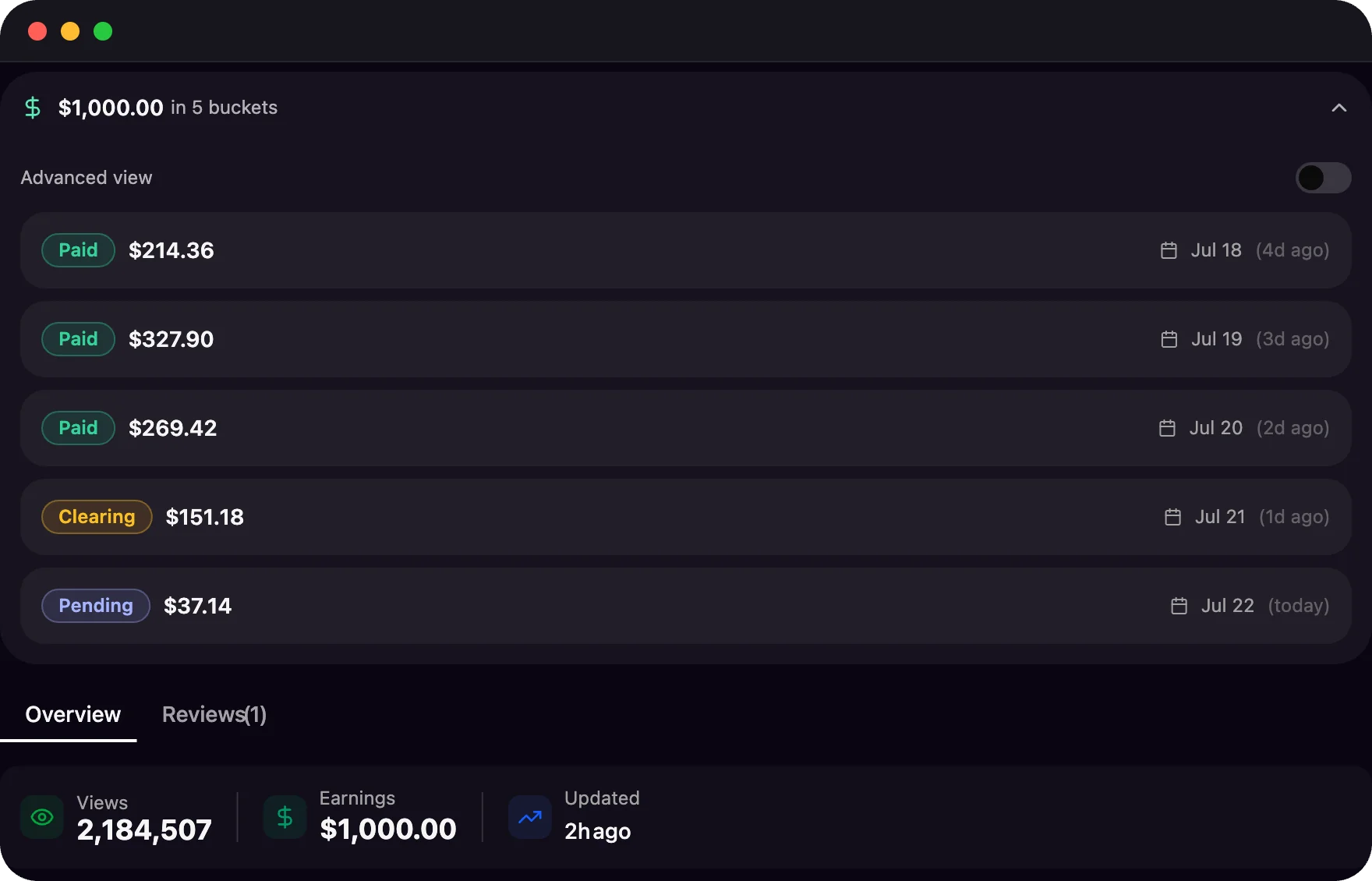 Payout buckets timeline